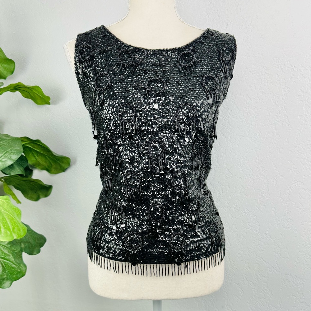 Vintage 1960s Black Sequins Top Forecast Shop Beaded and Sequined Sweater Blouse